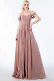 Women's Off The Shoulder Bridesmaid Dresses Long Formal A-line Spaghetti Strap Chiffon Formal Evening Gown