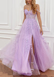 A-Line Prom Dresses See Through Dress Formal Sweep / Brush Train Sleeveless Sweetheart Tulle Backless with Beading Slit Appliques 2023 - dennisdresses