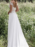 A-Line/Princess V-neck Sweep Train Sleeveless Lace Chiffon Wedding Dresses - dennisdresses