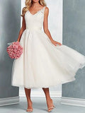 Beach A-Line Wedding Dresses Midi Little White Dresses Regular Straps V Neck Tulle With Bow(s) Lace Insert 2023 Bridal Gowns