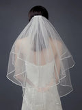two layers short bridal veil with comb ribbon edge white ivory bride wedding accessories