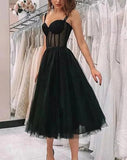 A-Line/Princess Lace Ruffles Straps Sleeveless Tea-Length Dresses