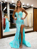 Mermaid / Trumpet Prom Dresses High Split Dress Formal Court Train Sleeveless V Neck Sequined with Slit Appliques 2023 - dennisdresses
