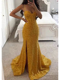 Mermaid / Trumpet Prom Dresses Sexy Dress Formal Sweep / Brush Train Sleeveless Sweetheart Sequined Backless with Sequin Slit 2023