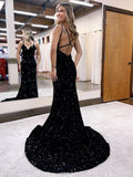 Mermaid / Trumpet Prom Dresses Sparkle & Shine Dress Formal Court Train Sleeveless V Neck Sequined Backless with Sequin 2023 - dennisdresses