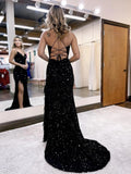 Mermaid / Trumpet Prom Dresses Sparkle & Shine Dress Formal Court Train Sleeveless V Neck Sequined Backless with Sequin Slit 2023 - dennisdresses