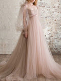 A-Line Elegant Boho Engagement Formal Evening Birthday Dress Scoop Neck Long Sleeve Sweep / Brush Train Tulle with Pleats Ruched 2023