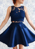 Satin Homecoming Dress A-Line/Princess Bateau Short/Mini With Lace - dennisdresses
