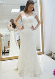 Sheath/Column Scalloped Neck Sleeveless Court Train Lace Wedding Dress With Sashes - dennisdresses