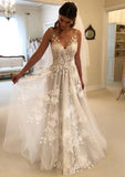 Tulle Wedding Dress A-Line/Princess V-Neck Long/Floor-Length With Appliqued