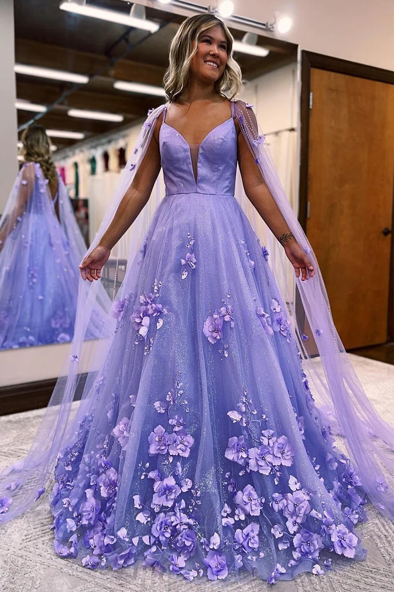 A-Line Prom Dresses Floral Dress Formal Floor Length Sleeveless V Neck Tulle with Appliques 2023