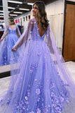 A-Line Prom Dresses Floral Dress Formal Floor Length Sleeveless V Neck Tulle with Appliques 2023
