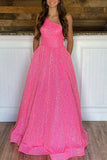 A-line One-Shoulder Sleeveless Long/Floor-Length Sequined Prom Dress With Pockets