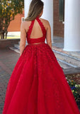 A-line/Princess High-Neck Sleeveless Long/Floor-Length Tulle Prom Dress With Appliqued