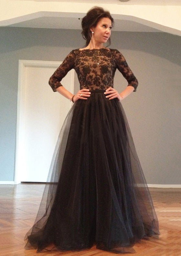 A-Line/Princess 3/4 Sleeve Bateau Sweep Train Tulle Prom Dress With Appliqued Beaded
