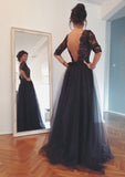 A-Line/Princess 3/4 Sleeve Bateau Sweep Train Tulle Prom Dress With Appliqued Beaded