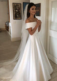 A-line/Princess Off-the-Shoulder Sleeveless Court Train Satin Wedding Dress With Bowknot Waistband