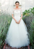 A-line/Princess Off-the-Shoulder Short Sleeve Long/Floor-Length Tulle Wedding Dress With Lace
