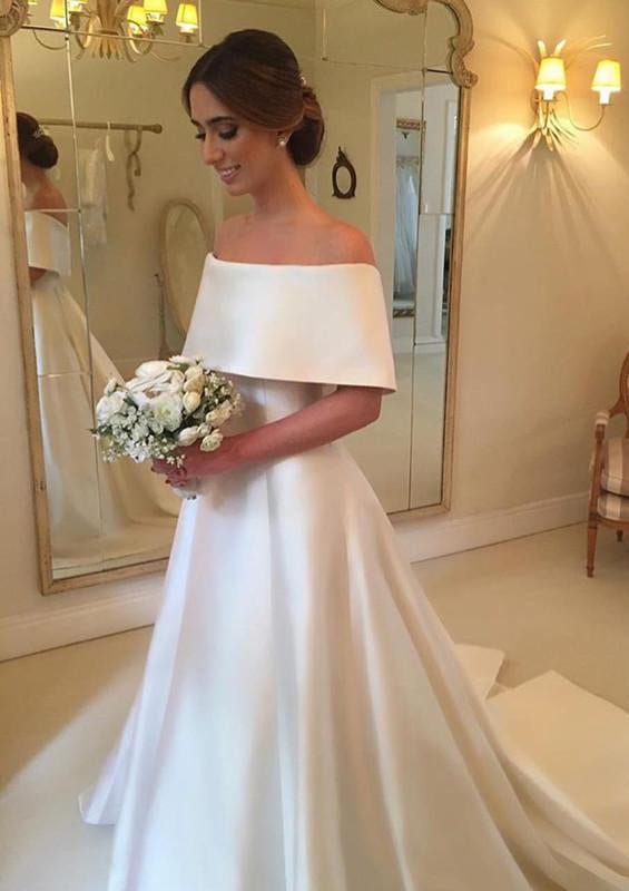A-line/Princess Off-the-Shoulder Half Sleeve Court Train Satin Wedding Dress