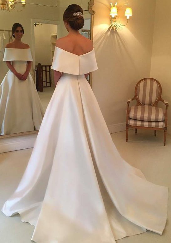 A-line/Princess Off-the-Shoulder Half Sleeve Court Train Satin Wedding Dress