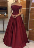 A-line/Princess Off-the-Shoulder Sleeveless Long/Floor-Length Elastic Satin Prom Dress With Lace Pleated