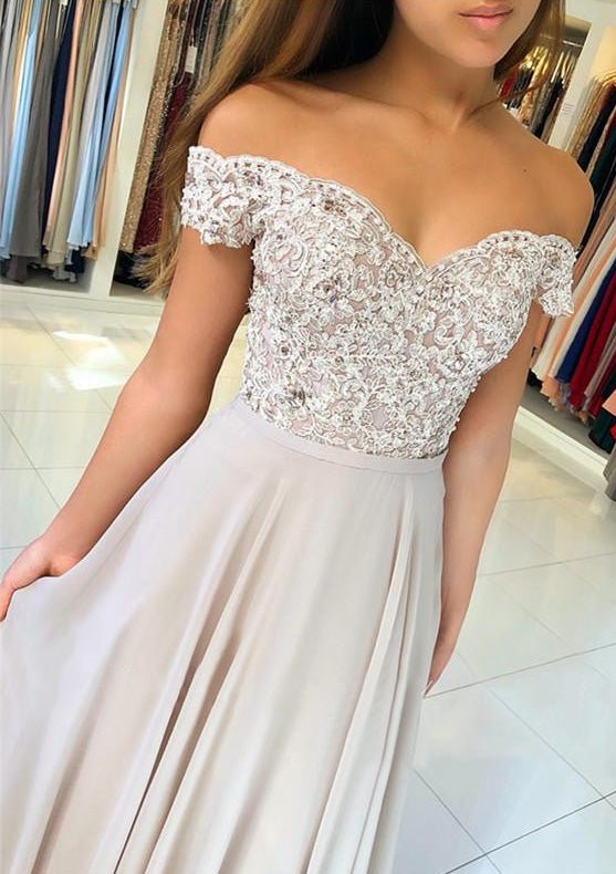 A-line/Princess Off-the-Shoulder Short Sleeve Sweep Train Chiffon Prom Dress With Beading Appliqued