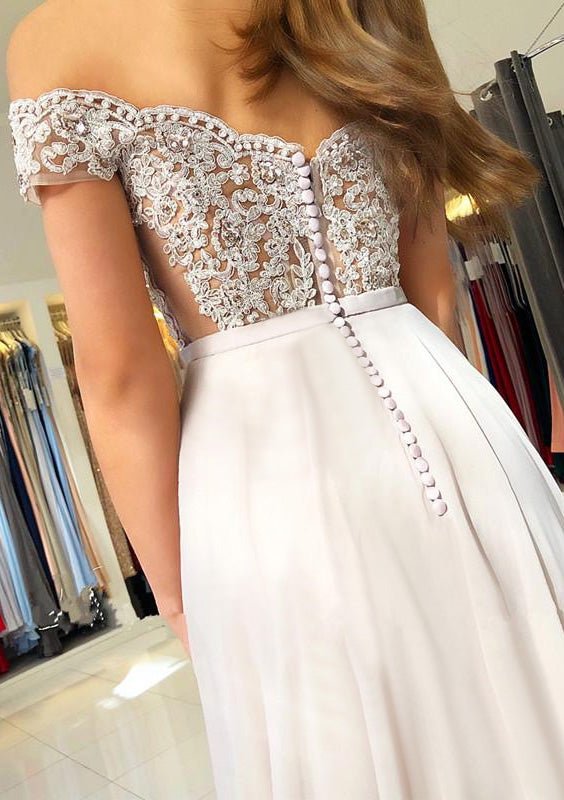 A-line/Princess Off-the-Shoulder Short Sleeve Sweep Train Chiffon Prom Dress With Beading Appliqued