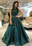 A-line/Princess Bateau Sleeveless Court Train Satin Prom Dress With Beading Waistband