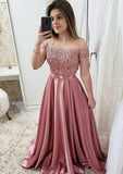 A-line/Princess Off-the-Shoulder Short Sleeve Long/Floor-Length Charmeuse Prom Dress With Appliqued Beading Waistband