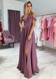 A-line/Princess Off-the-Shoulder Sleeveless Long/Floor-Length Elastic Satin Prom Dress With Split