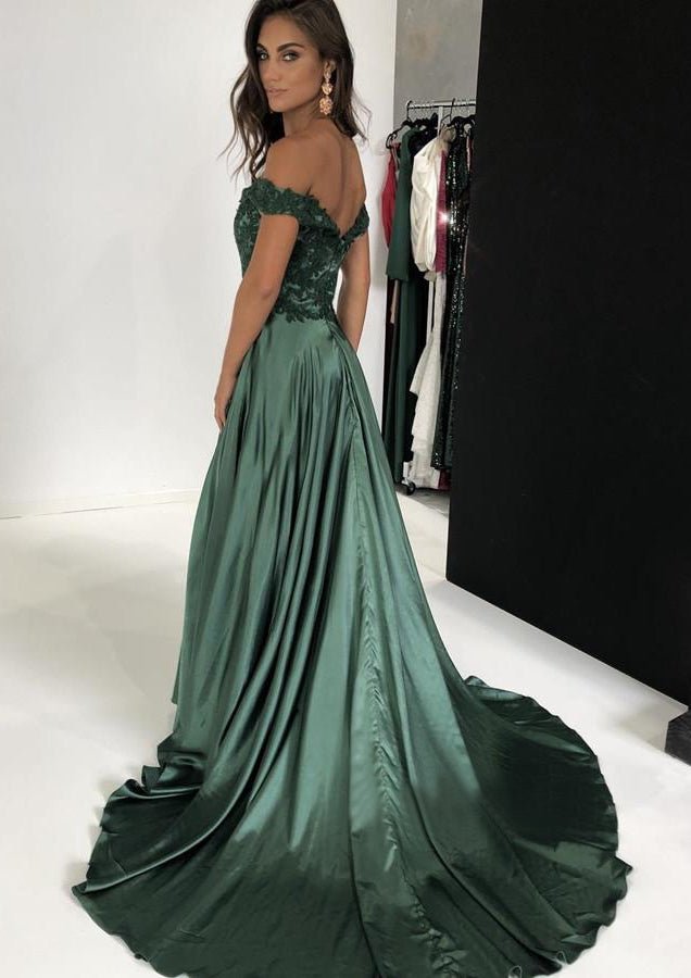 A-line/Princess Off-the-Shoulder Sleeveless Court Train Charmeuse Evening Dress With Split Appliqued Pleated