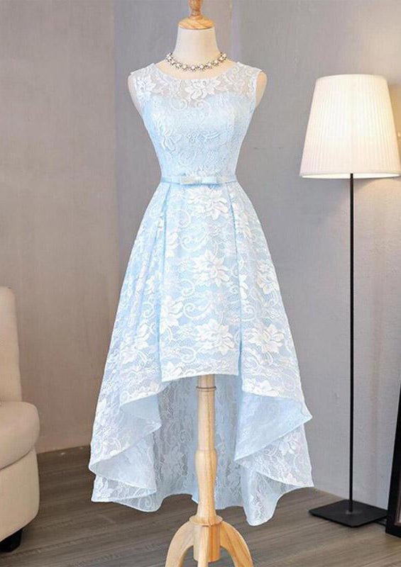 A-line/Princess Bateau Sleeveless Asymmetrical Lace Prom Dress With Waistband Bowknot