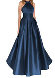 A-line/Princess High-Neck Sleeveless Long/Floor-Length Satin Prom Dresses With Pleated
