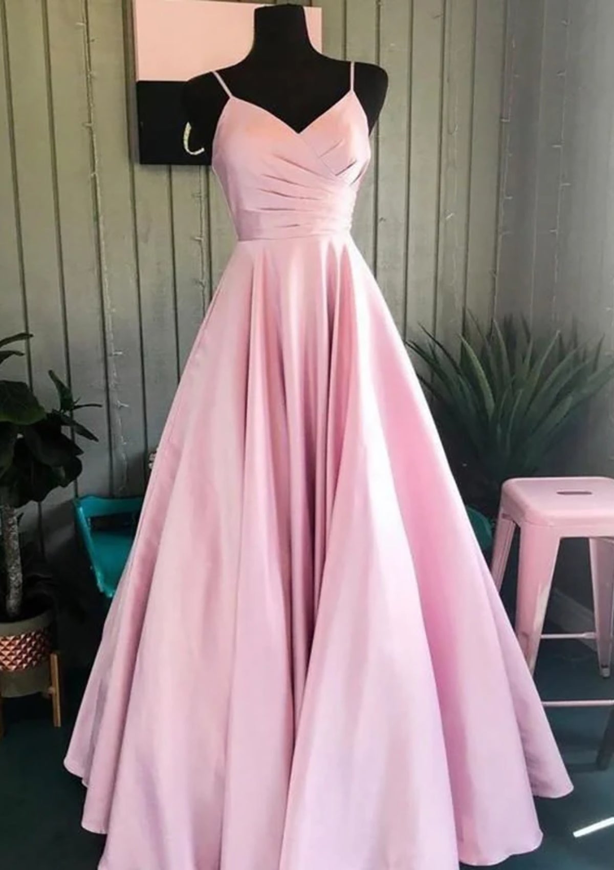 A-Line Prom Dresses Open Back Dress Formal Floor Length Sleeveless Spaghetti Strap Satin with Ruched 2023