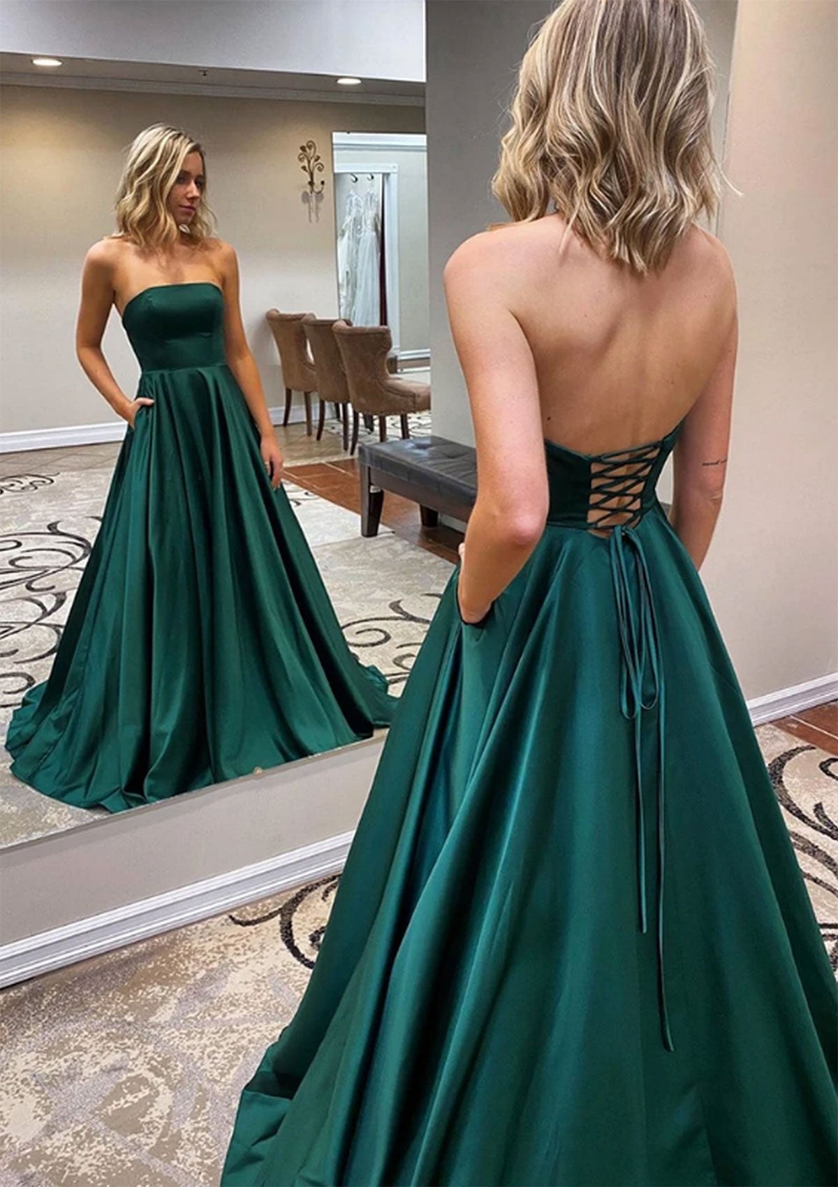 A-line Scalloped Neck Sweep Train Satin Prom Dress With Pockets
