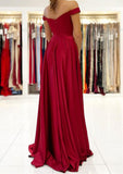 A-line Off-the-Shoulder Long/Floor-Length Satin Prom Dress With Split