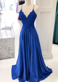 A-line V Neck Sleeveless Long/Floor-Length Satin Prom Dress With Appliqued Beading Lace