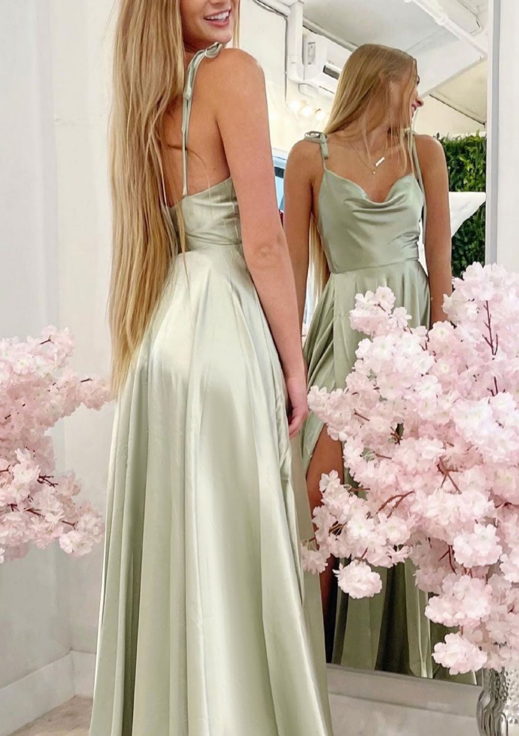 A-line Sleeveless Cowl Neck Long/Floor-Length Charmeuse Prom Dress With Pleated Split