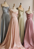 A-line Sleeveless Cowl Neck Long/Floor-Length Charmeuse Prom Dress With Pleated Split
