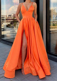 A-Line/Princess Ruffles Satin Spaghetti Straps Sleeveless Floor-Length Dresses