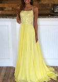 A-line Bateau Sleeveless Sweep Train Chiffon Prom Dress With Sequins