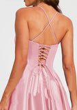 A-Line Prom Dresses Open Back Dress Formal Floor Length Sleeveless Spaghetti Strap Satin with Ruched 2023