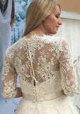 A-line V Neck 3/4 Sleeve Tulle Lace Tea-Length Wedding Dress With Waistband Flower