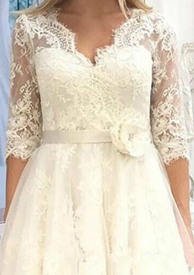 A-line V Neck 3/4 Sleeve Tulle Lace Tea-Length Wedding Dress With Waistband Flower