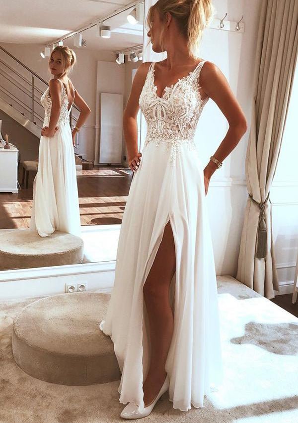 A-line V Neck Sleeveless Long/Floor-Length Chiffon Wedding Dress With Split Beading Appliques Lace