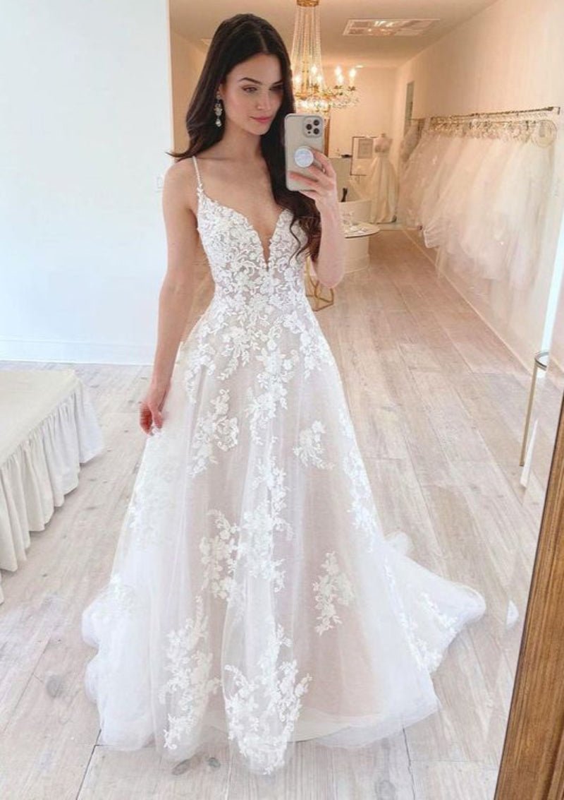A-line V Neck Sleeveless Court Train Lace Tulle Wedding Dress