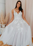 A-line V Neck Sleeveless Court Train Lace Tulle Wedding Dress