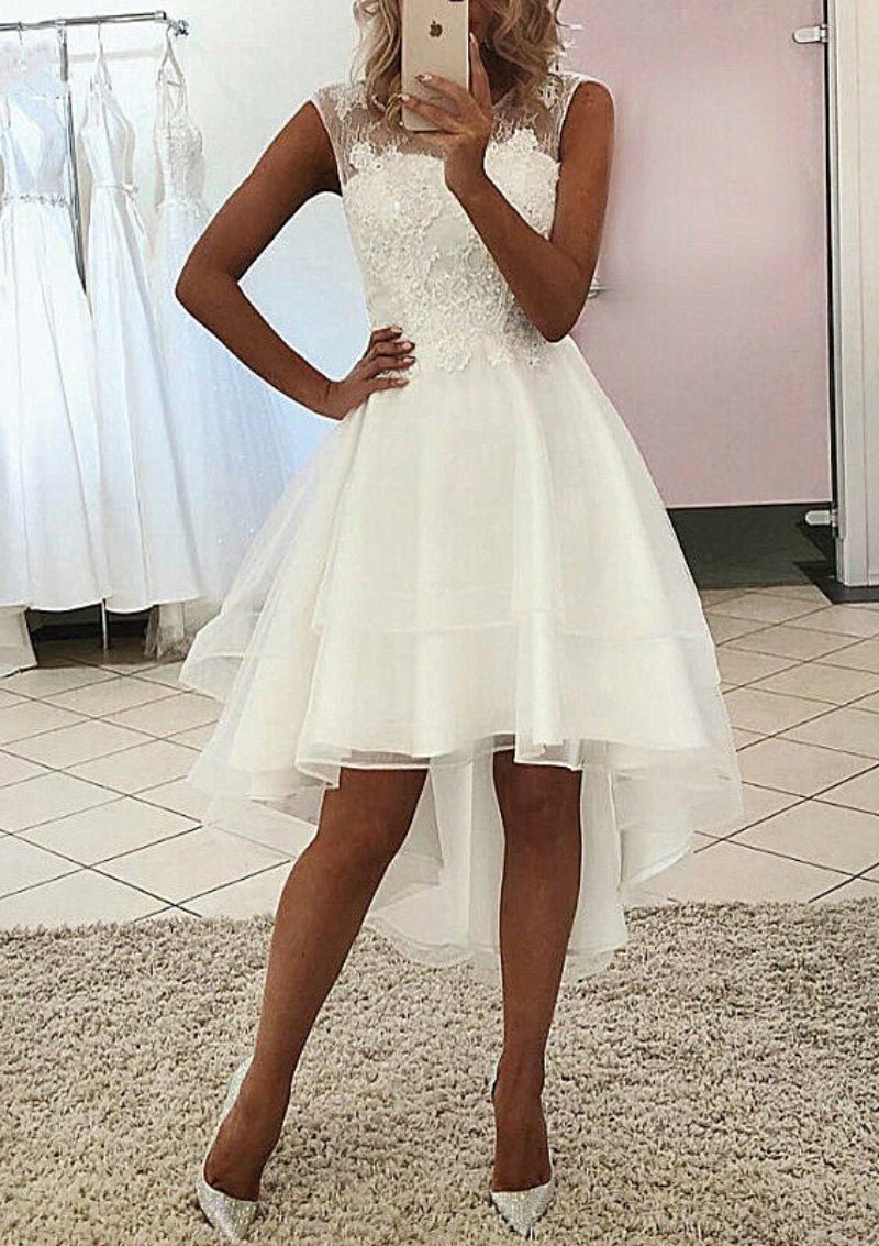 A-line Sleeveless Asymmetrical Tulle Wedding Dress With Lace