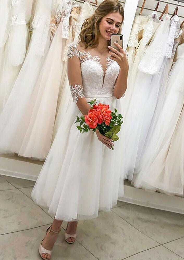 A-line Illusion Neck Half Sleeve Tea-Length Tulle Wedding Dress With Lace Waistband
