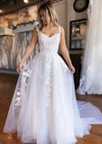 A-line Off-the-Shoulder Sleeveless Court Train Lace Tulle Wedding Dresses